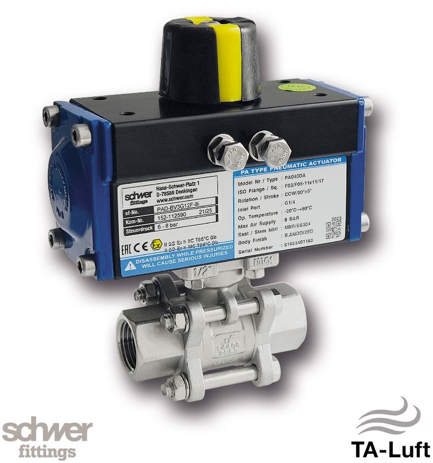 Three Piece Ball Valve with Actuator, Pneumatic, Double acting