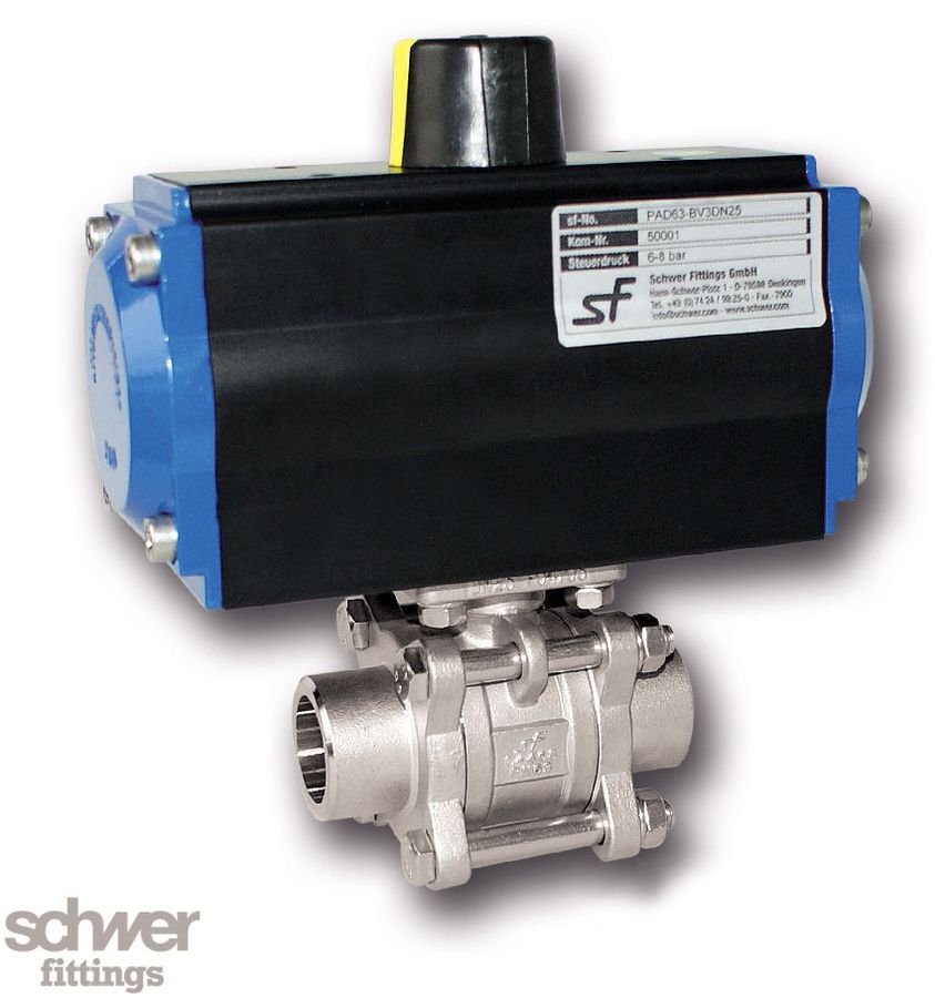 3-part. Ball valve with actuator, pneumatic, single-acting