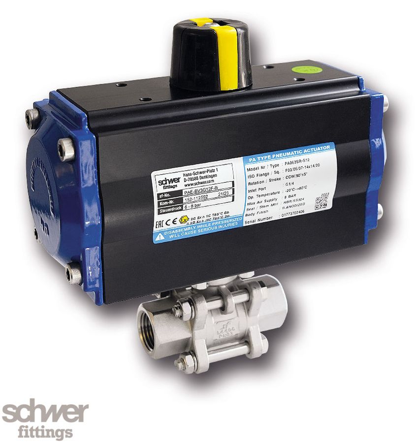3-part. Ball valve with actuator, pneumatic, single-acting