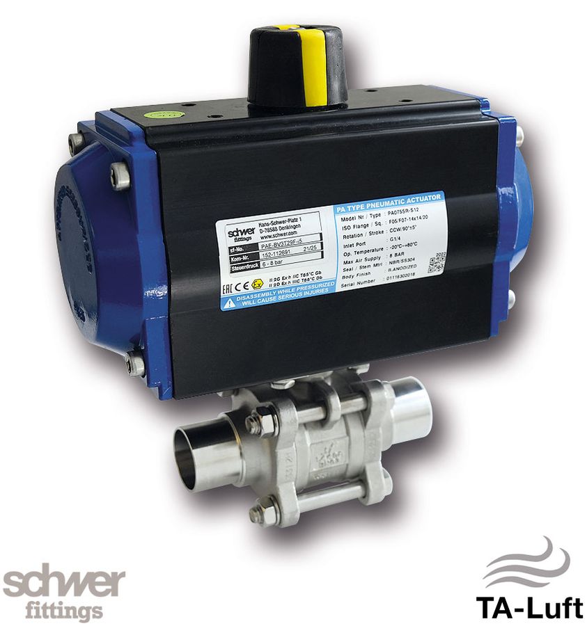 3-teil. Kugelhahn mit Stellantrieb, pneumatisch, einfach wirkend