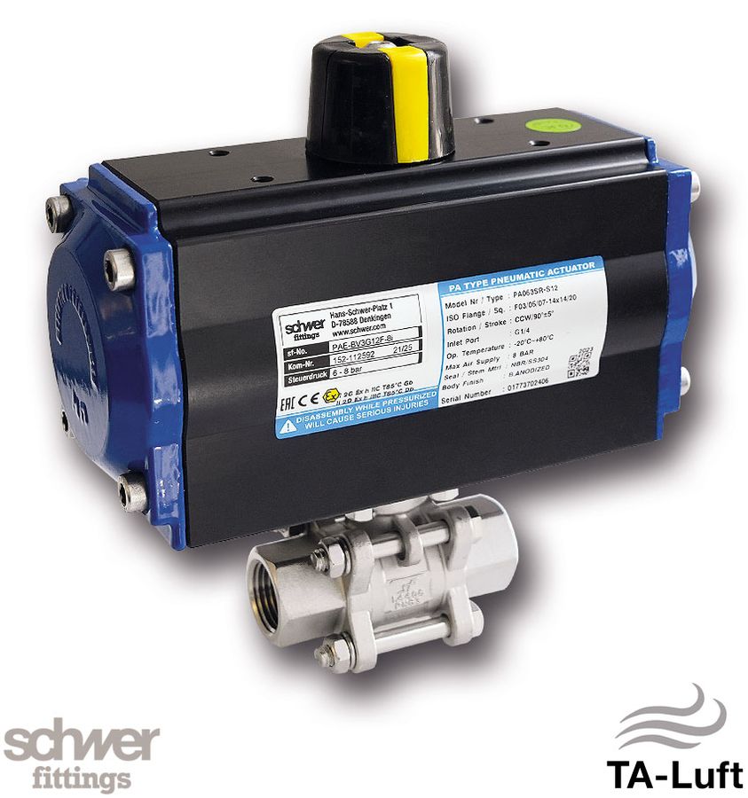 3-delige kogelafsl m. actuator, pneumatisch, enkel werkend